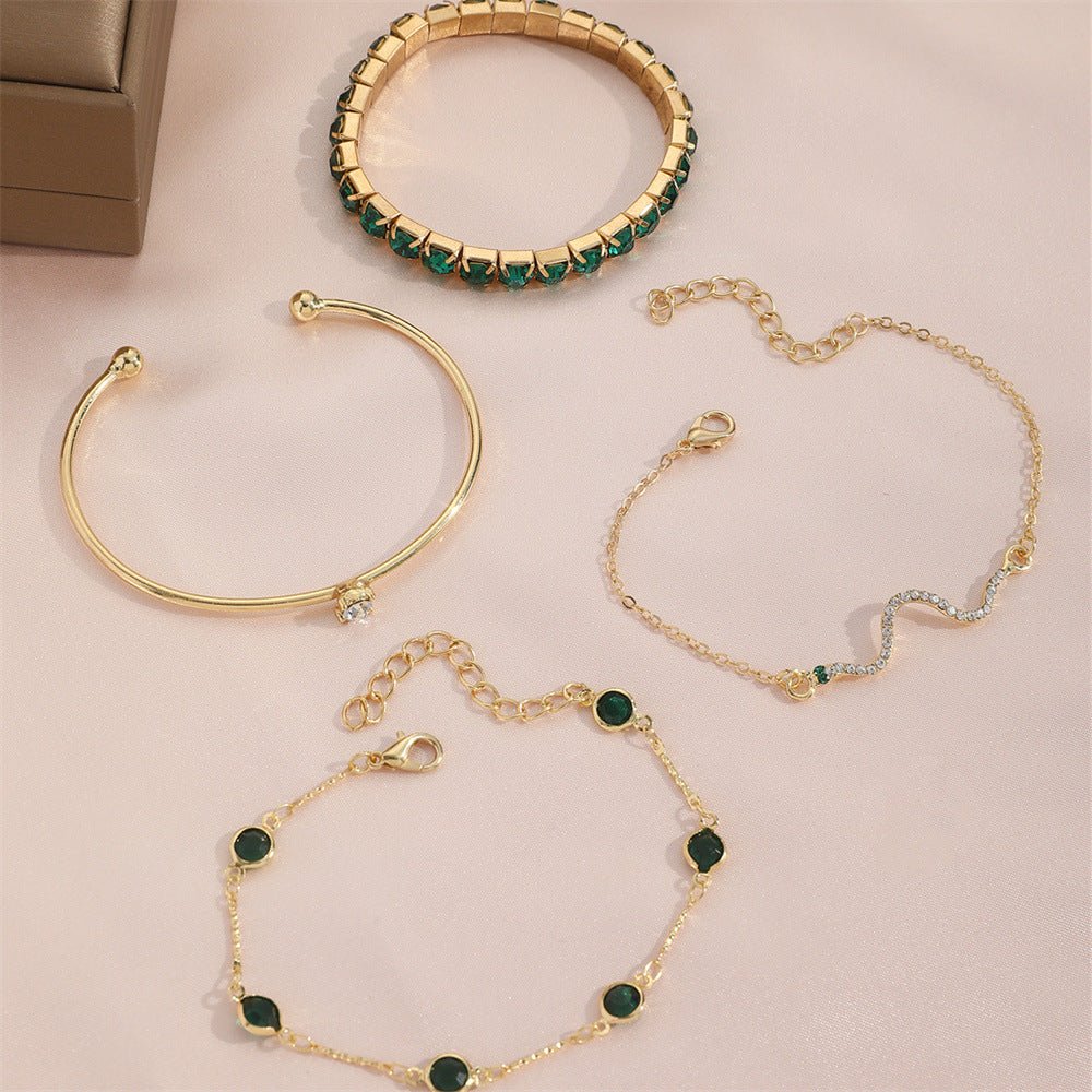 4pcs Bracelet Suit Fashion Green Grandmother Diamond Stretch Bracelet Women's Set - Vintgedrifter