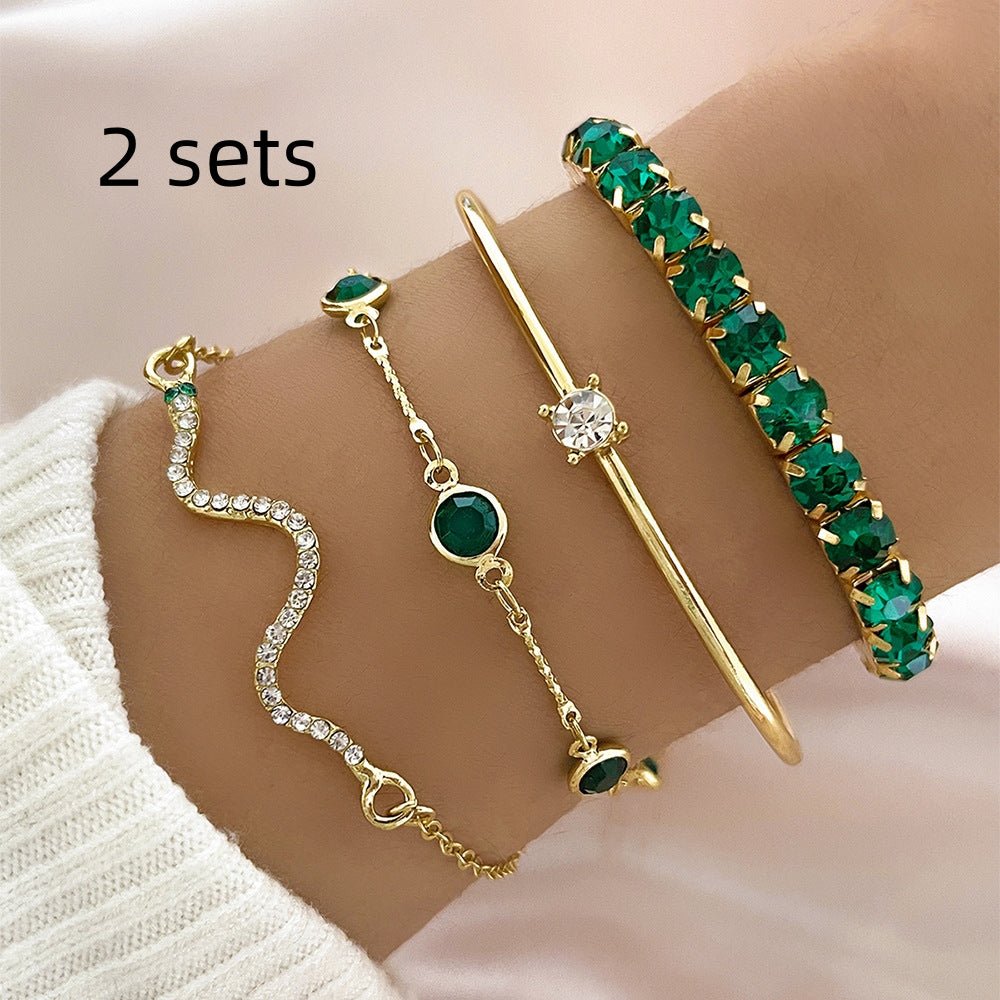 4pcs Bracelet Suit Fashion Green Grandmother Diamond Stretch Bracelet Women's Set - Vintgedrifter