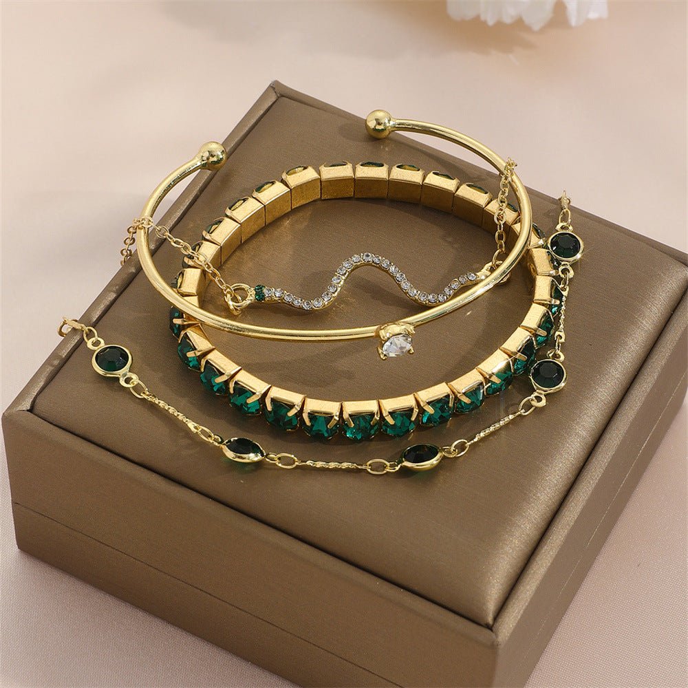 4pcs Bracelet Suit Fashion Green Grandmother Diamond Stretch Bracelet Women's Set - Vintgedrifter