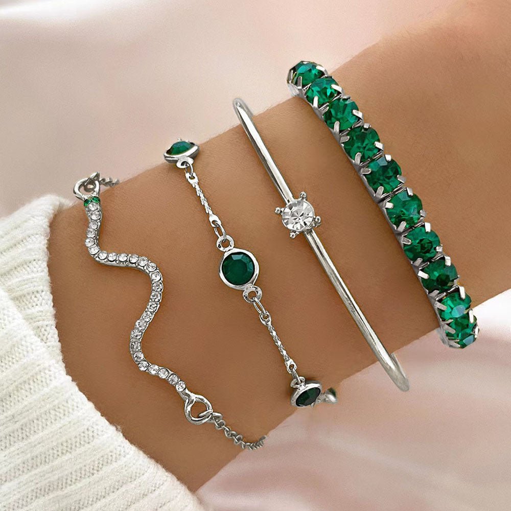 4pcs Bracelet Suit Fashion Green Grandmother Diamond Stretch Bracelet Women's Set - Vintgedrifter