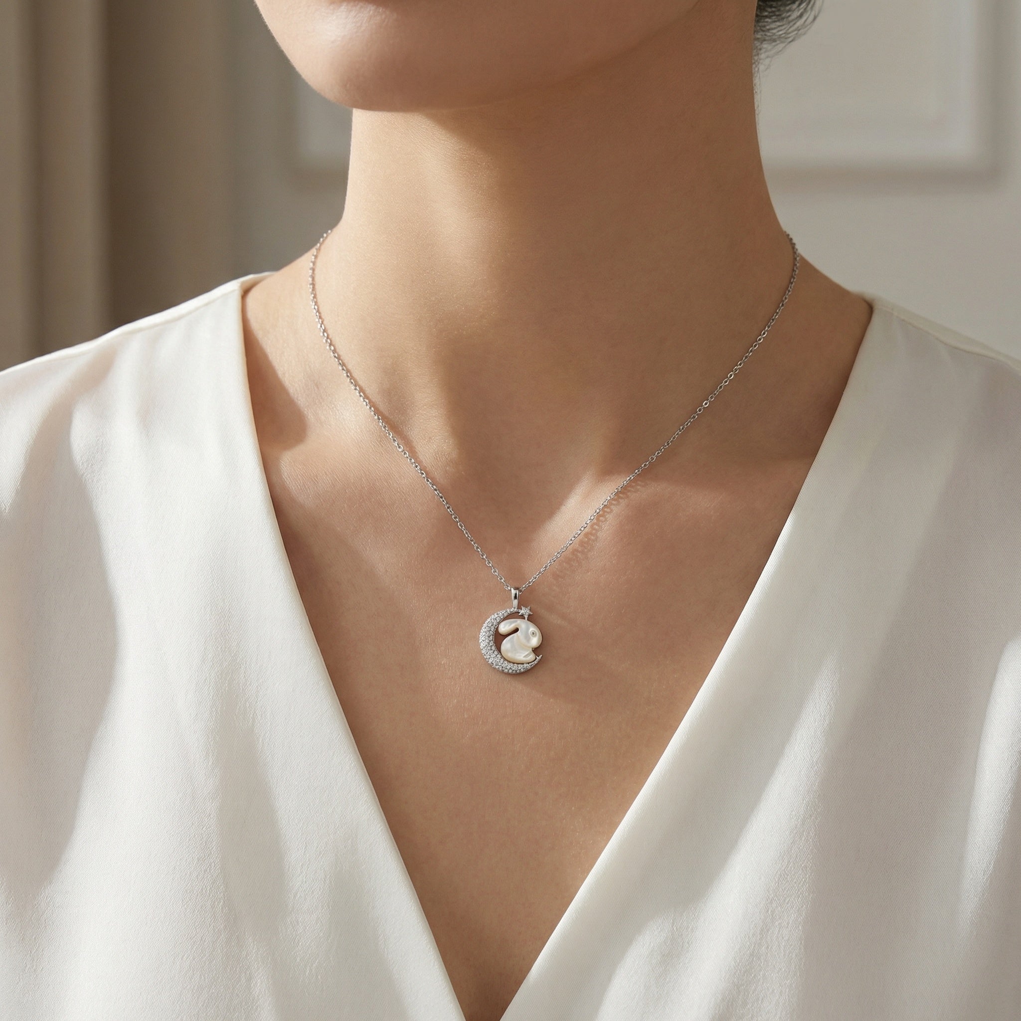 925 Sterling Silver Mother of Pearl Rabbit & Crescent Moon Pendant Necklace - Vintgedrifter