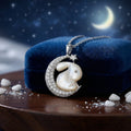 925 Sterling Silver Mother of Pearl Rabbit & Crescent Moon Pendant Necklace - Vintgedrifter