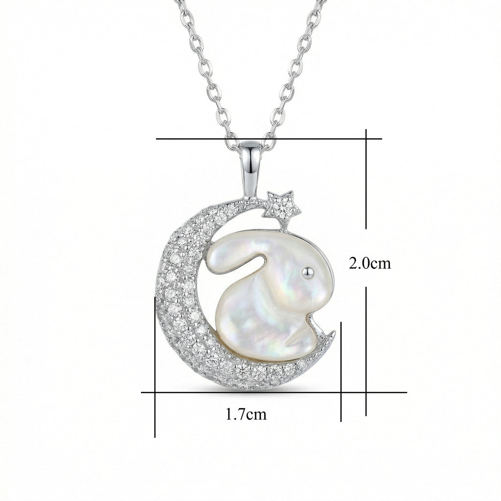 925 Sterling Silver Mother of Pearl Rabbit & Crescent Moon Pendant Necklace - Vintgedrifter