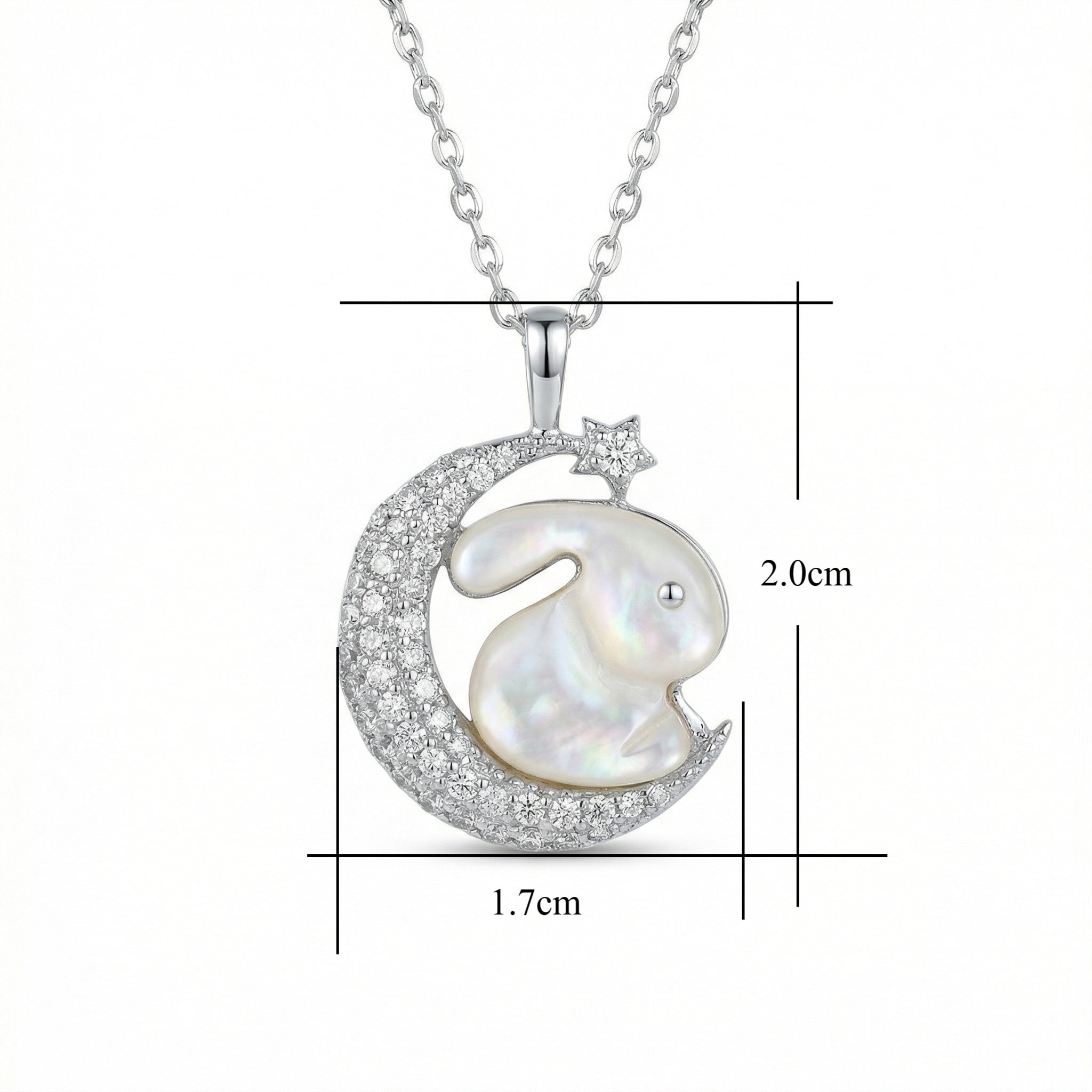 925 Sterling Silver Mother of Pearl Rabbit & Crescent Moon Pendant Necklace - Vintgedrifter