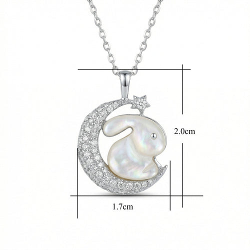 925 Sterling Silver Mother of Pearl Rabbit & Crescent Moon Pendant Necklace - Vintgedrifter