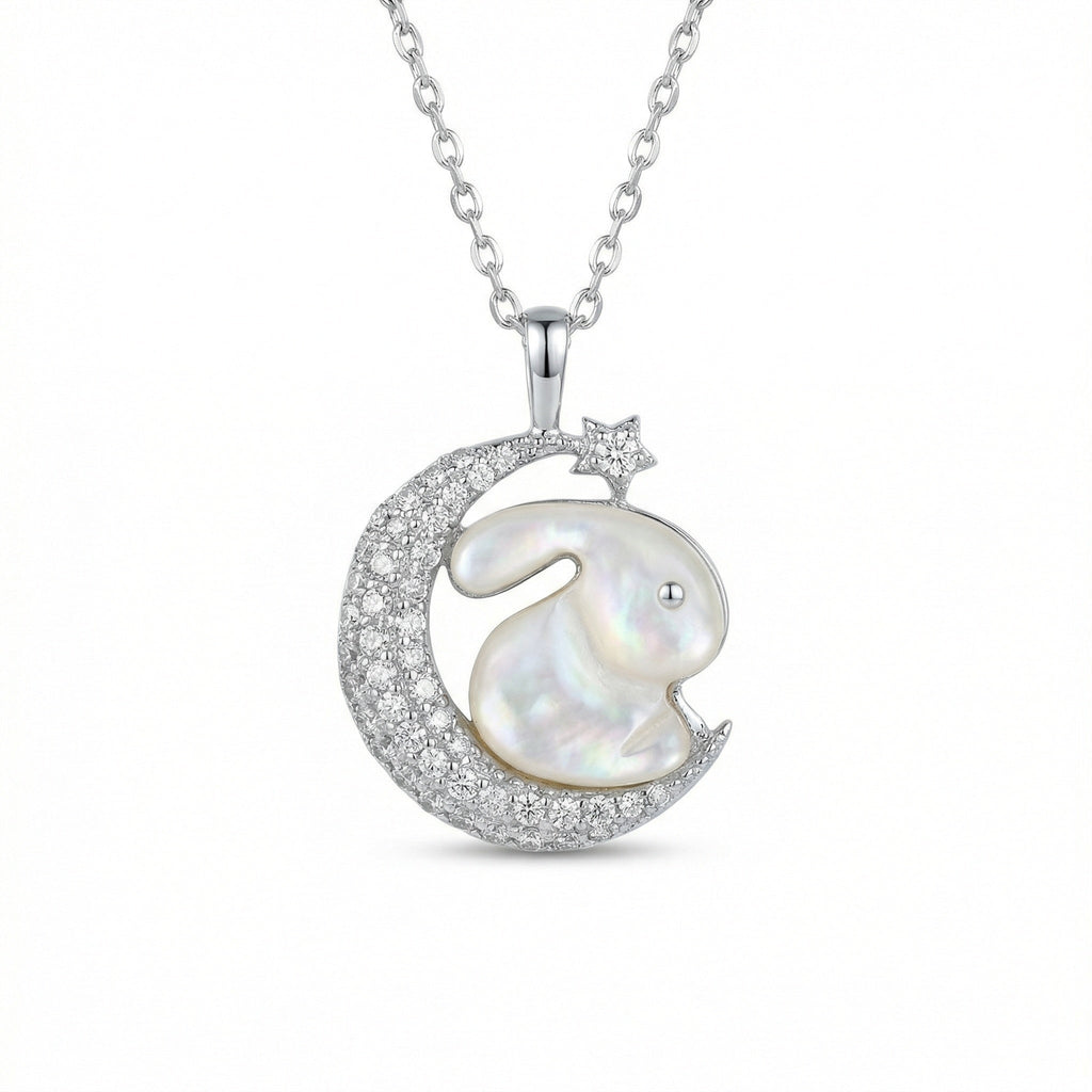 925 Sterling Silver Mother of Pearl Rabbit & Crescent Moon Pendant Necklace - Vintgedrifter