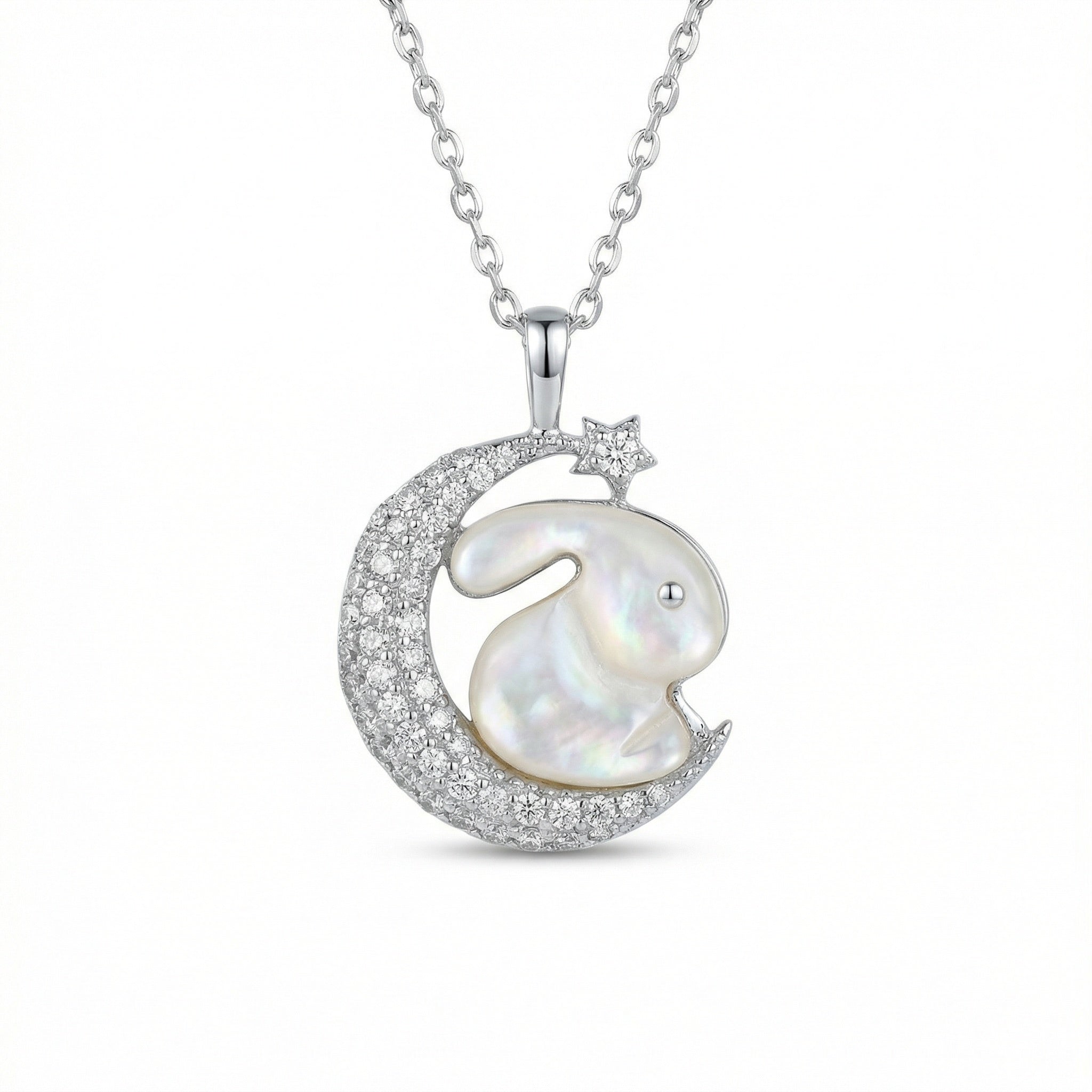 925 Sterling Silver Mother of Pearl Rabbit & Crescent Moon Pendant Necklace - Vintgedrifter