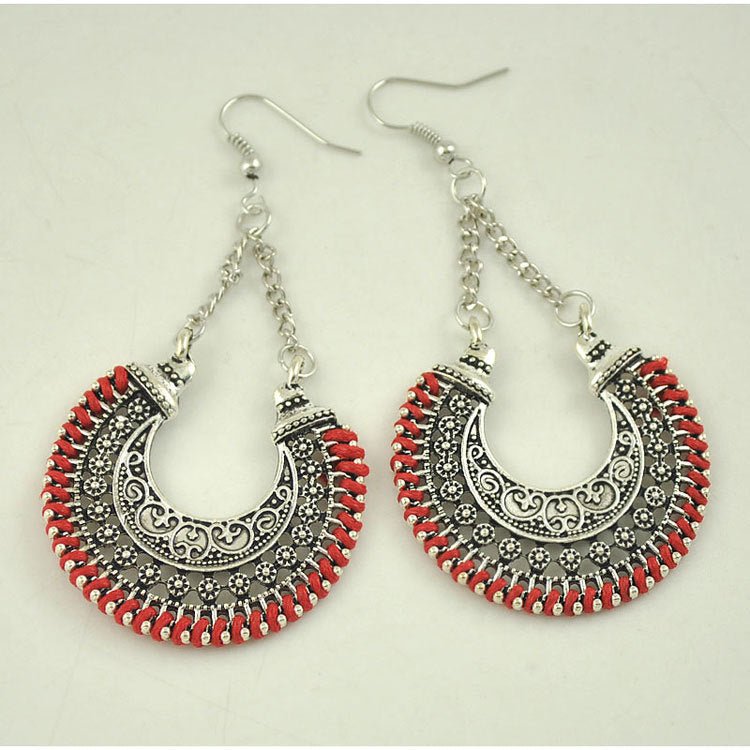 Bohemian Metal Hollow Carved Flower Basket Earrings – Hand-Woven Rope U-Shape Drop Earrings - Vintgedrifter
