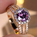 Copper Micro-pave Zircon Three-tier Index Finger Rose Gold Round-cast Amethyst Luxury Full-diamond Ring - Vintgedrifter