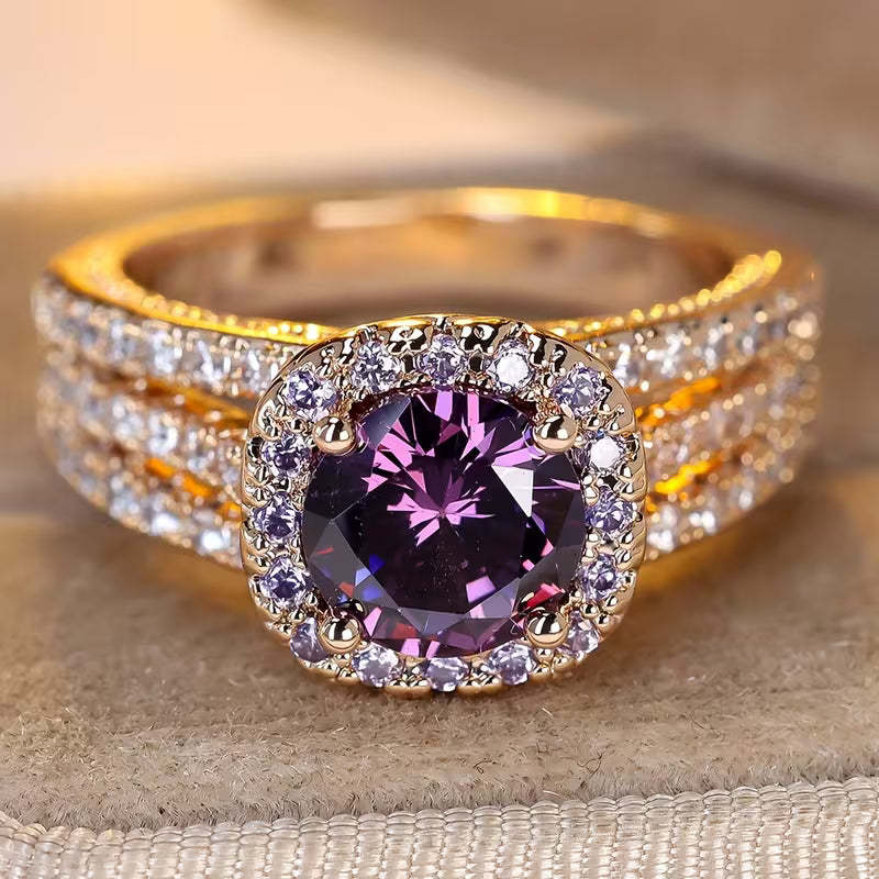 Copper Micro-pave Zircon Three-tier Index Finger Rose Gold Round-cast Amethyst Luxury Full-diamond Ring - Vintgedrifter
