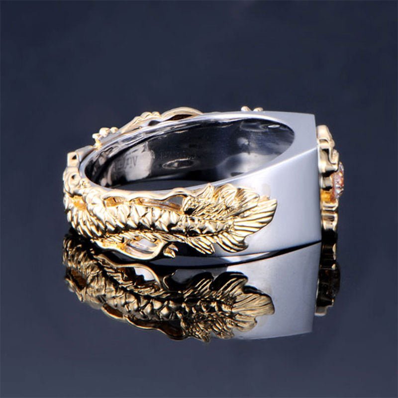 Dragon Pattern Two-Tone Zircon Rhinestone Ring – Men's Punk Hip Hop Ring - Vintgedrifter