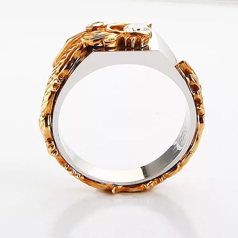 Dragon Pattern Two-Tone Zircon Rhinestone Ring – Men's Punk Hip Hop Ring - Vintgedrifter