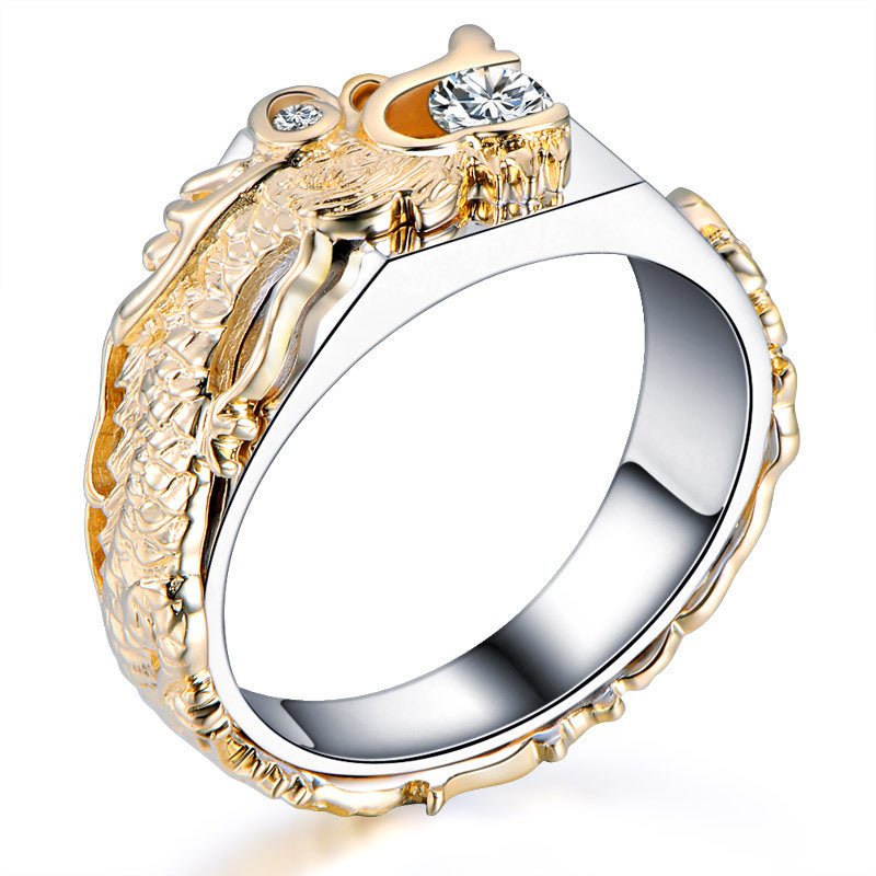 Dragon Pattern Two-Tone Zircon Rhinestone Ring – Men's Punk Hip Hop Ring - Vintgedrifter