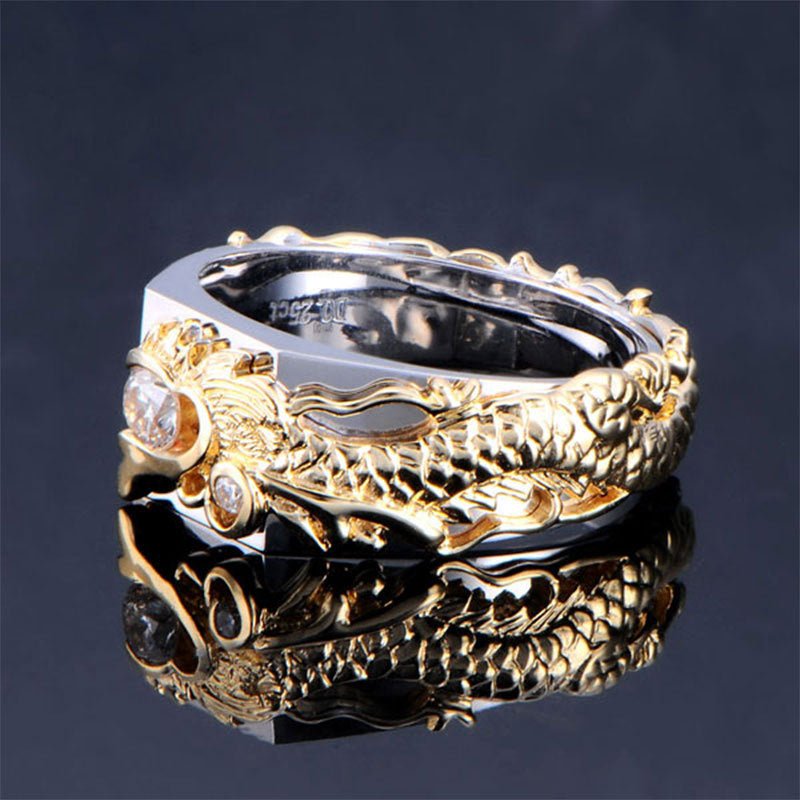 Dragon Pattern Two-Tone Zircon Rhinestone Ring – Men's Punk Hip Hop Ring - Vintgedrifter