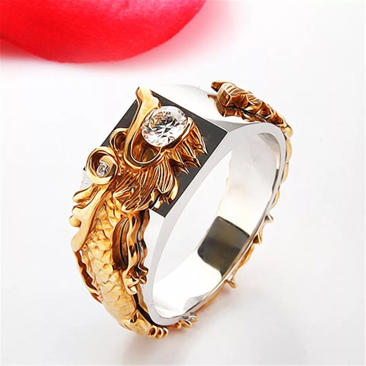 Dragon Pattern Two-Tone Zircon Rhinestone Ring – Men's Punk Hip Hop Ring - Vintgedrifter
