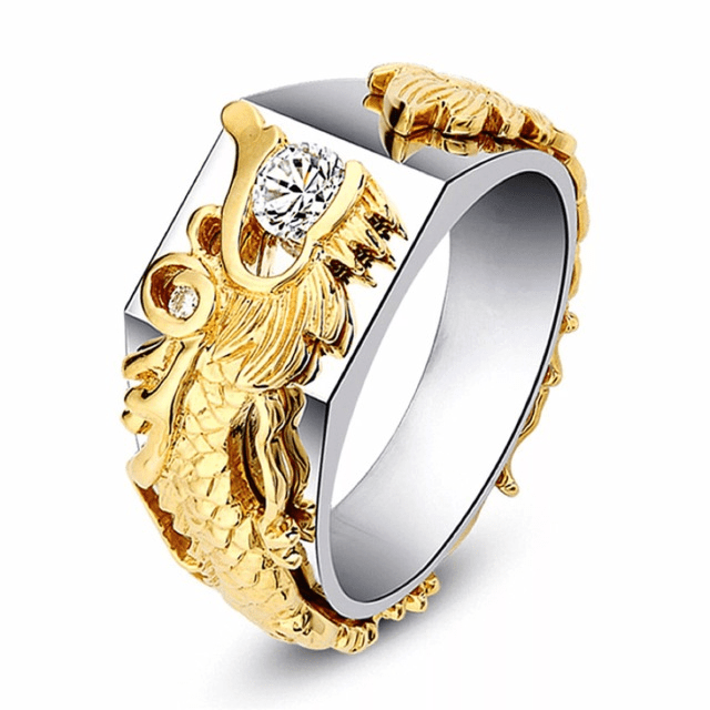 Dragon Pattern Two-Tone Zircon Rhinestone Ring – Men's Punk Hip Hop Ring - Vintgedrifter