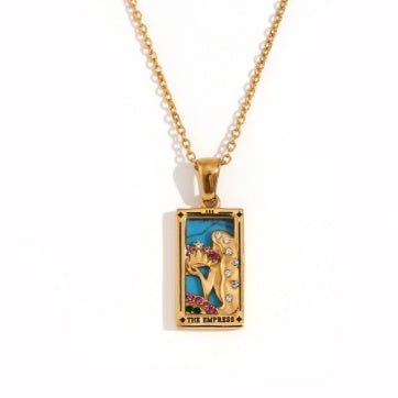 Fashion Tarot Necklace With Rhinestones Diamond Set Pendant Stainless Steel Rectangular Drip Necklace Jewelry - Vintgedrifter