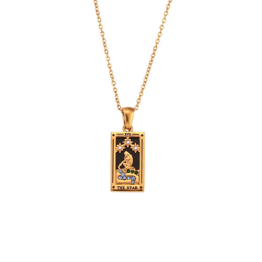 Fashion Tarot Necklace With Rhinestones Diamond Set Pendant Stainless Steel Rectangular Drip Necklace Jewelry - Vintgedrifter