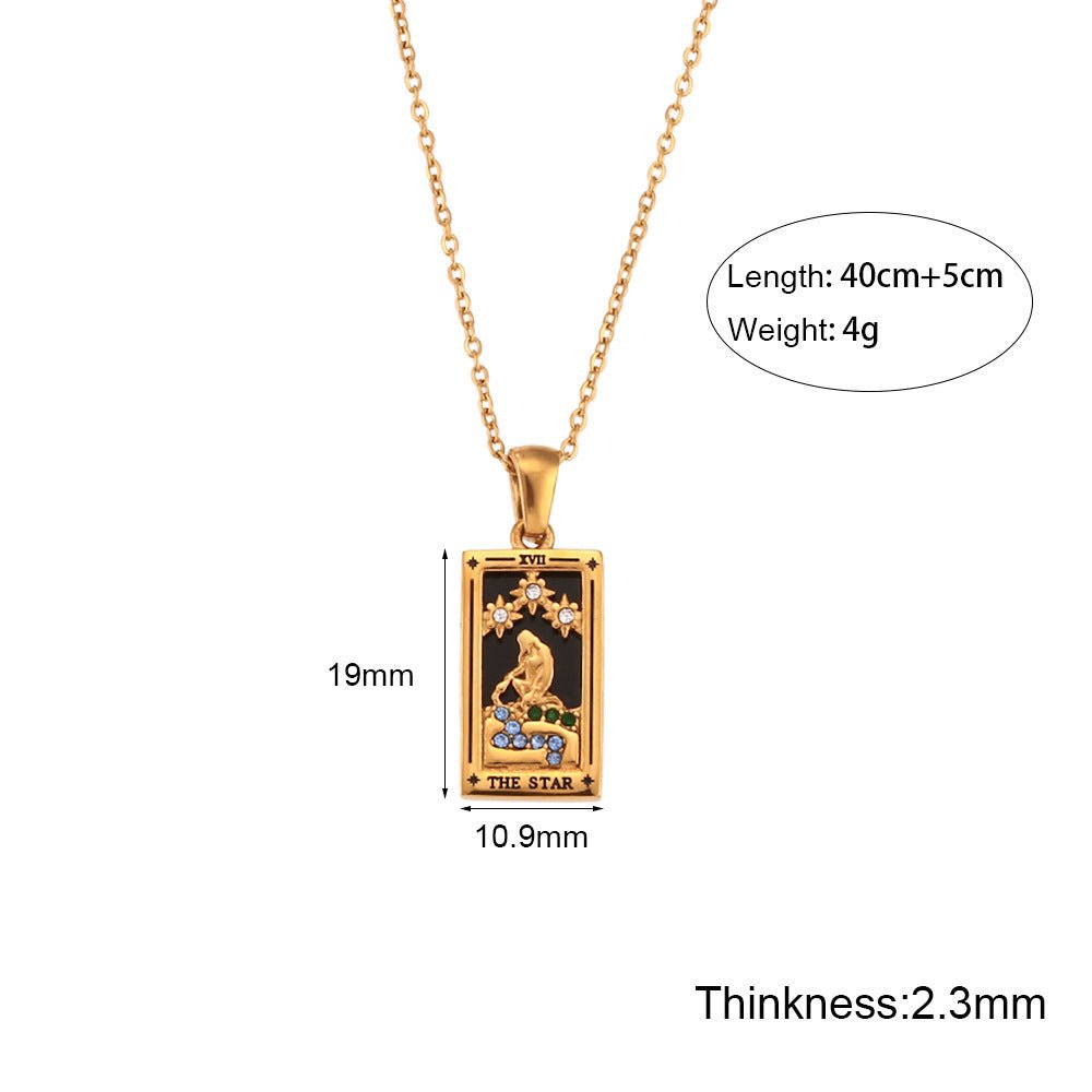 Fashion Tarot Necklace With Rhinestones Diamond Set Pendant Stainless Steel Rectangular Drip Necklace Jewelry - Vintgedrifter