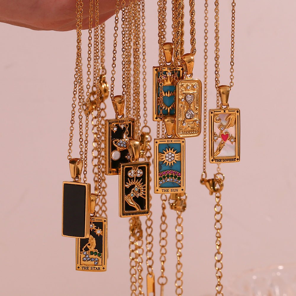 Fashion Tarot Necklace With Rhinestones Diamond Set Pendant Stainless Steel Rectangular Drip Necklace Jewelry - Vintgedrifter