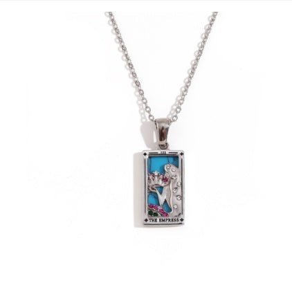 Fashion Tarot Necklace With Rhinestones Diamond Set Pendant Stainless Steel Rectangular Drip Necklace Jewelry - Vintgedrifter
