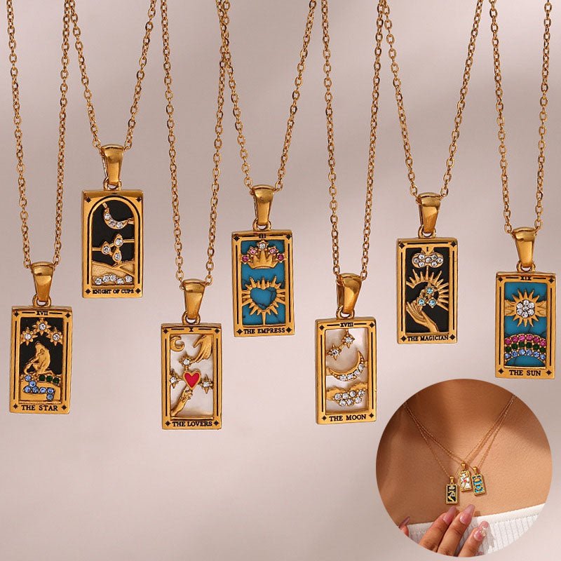 Fashion Tarot Necklace With Rhinestones Diamond Set Pendant Stainless Steel Rectangular Drip Necklace Jewelry - Vintgedrifter