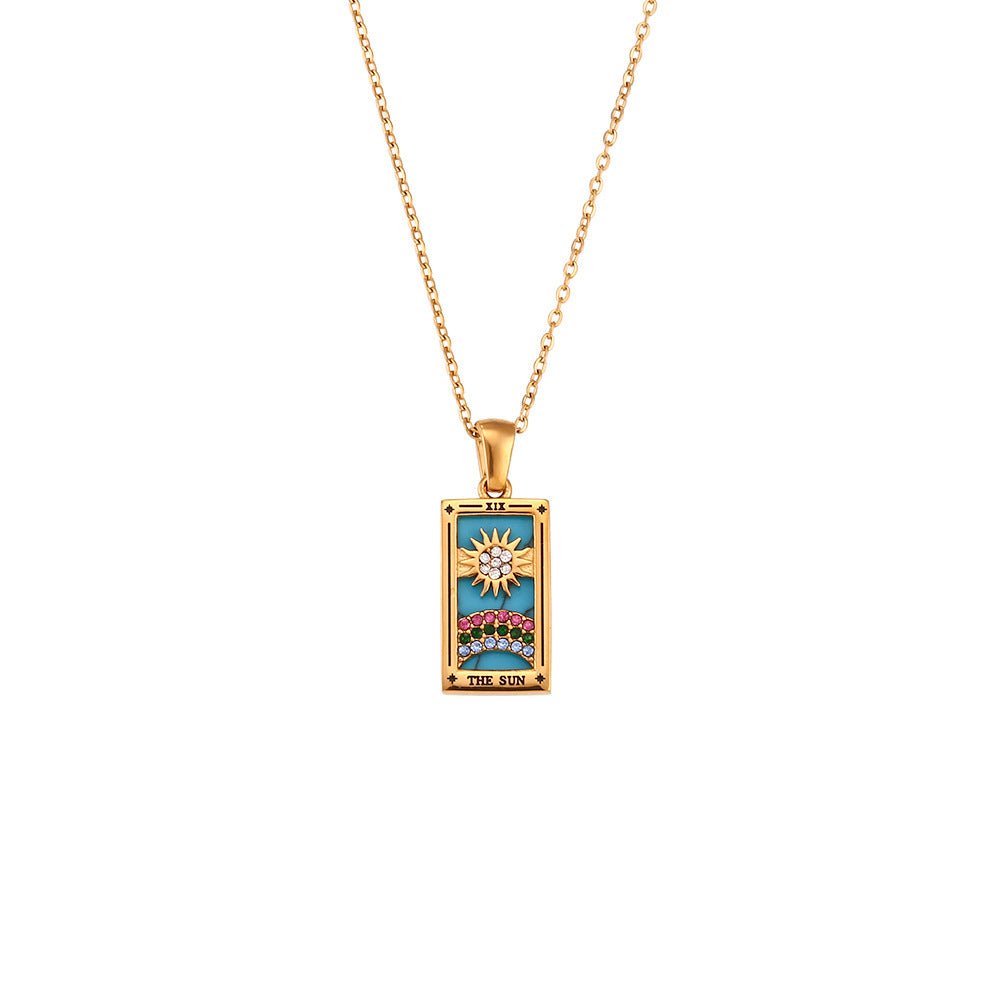 Fashion Tarot Necklace With Rhinestones Diamond Set Pendant Stainless Steel Rectangular Drip Necklace Jewelry - Vintgedrifter
