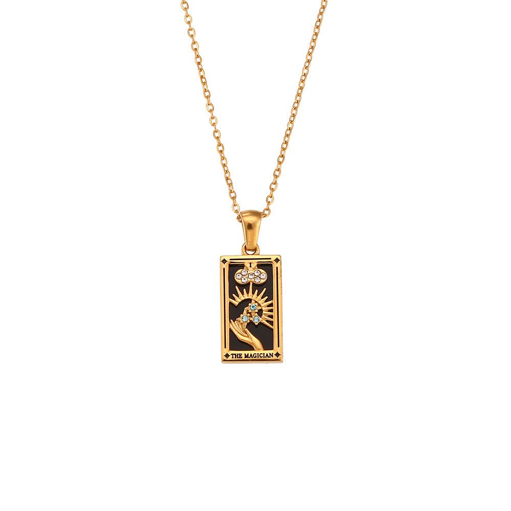 Fashion Tarot Necklace With Rhinestones Diamond Set Pendant Stainless Steel Rectangular Drip Necklace Jewelry - Vintgedrifter