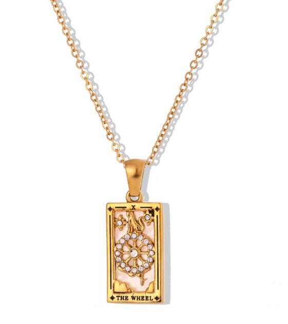 Fashion Tarot Necklace With Rhinestones Diamond Set Pendant Stainless Steel Rectangular Drip Necklace Jewelry - Vintgedrifter