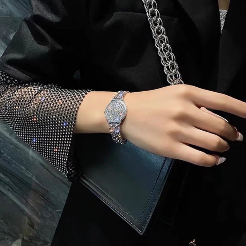 Full Rhinestone Diamond Watch Bracelet – Women's Luxury Geometric Wristband | Gold & Silver - Vintgedrifter