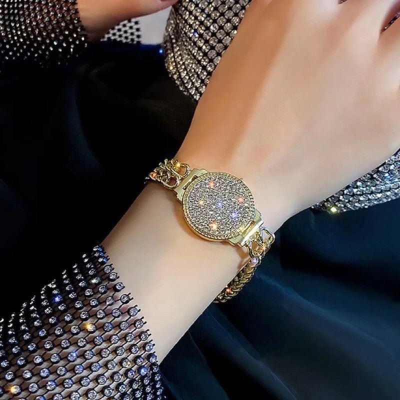 Full Rhinestone Diamond Watch Bracelet – Women's Luxury Geometric Wristband | Gold & Silver - Vintgedrifter