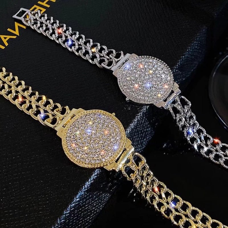 Full Rhinestone Diamond Watch Bracelet – Women's Luxury Geometric Wristband | Gold & Silver - Vintgedrifter