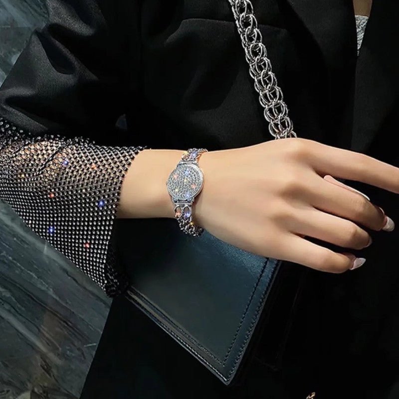 Full Rhinestone Diamond Watch Bracelet – Women's Luxury Geometric Wristband | Gold & Silver - Vintgedrifter