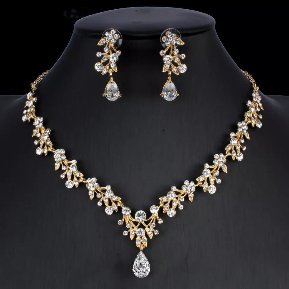 Golden Zircon Jewelry Set Bridal Necklace Earrings Wedding Two-piece Set - Vintgedrifter