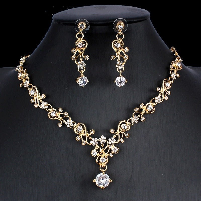Golden Zircon Jewelry Set Bridal Necklace Earrings Wedding Two-piece Set - Vintgedrifter