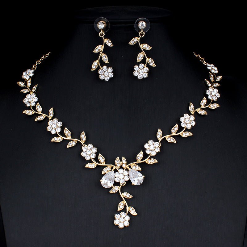 Golden Zircon Jewelry Set Bridal Necklace Earrings Wedding Two-piece Set - Vintgedrifter