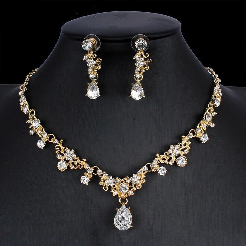Golden Zircon Jewelry Set Bridal Necklace Earrings Wedding Two-piece Set - Vintgedrifter