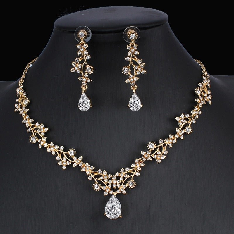 Golden Zircon Jewelry Set Bridal Necklace Earrings Wedding Two-piece Set - Vintgedrifter