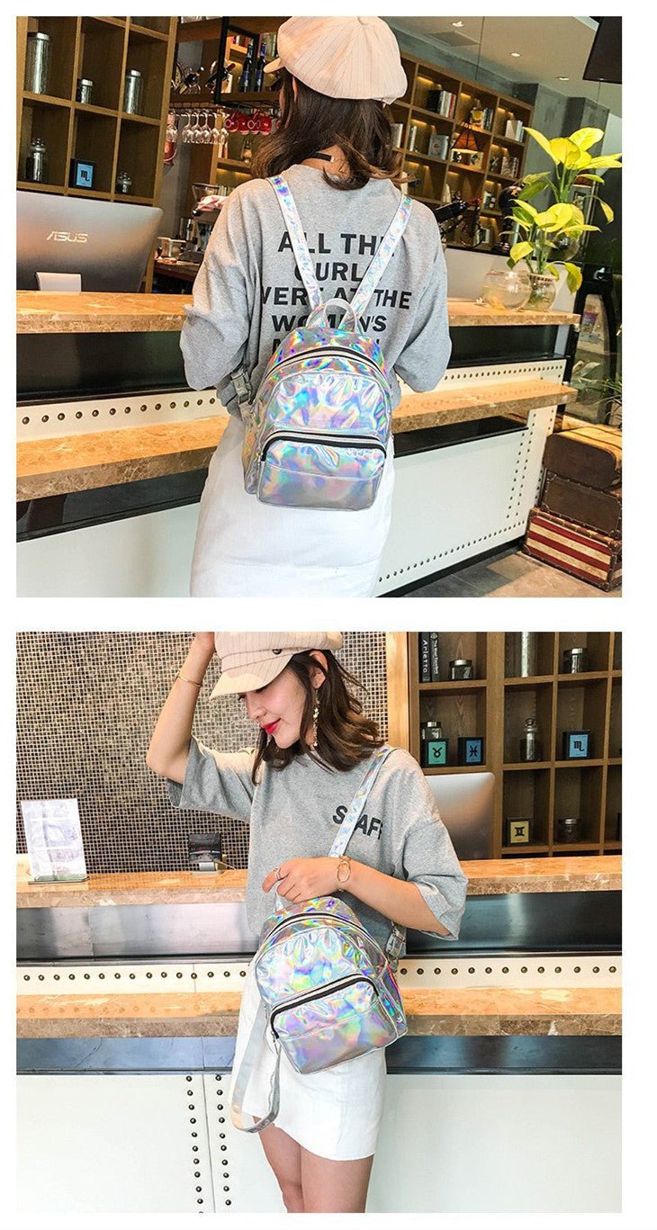 Iridescent Holographic Mini Backpack – Festival & Everyday Bag | Pink & Silver - Vintgedrifter