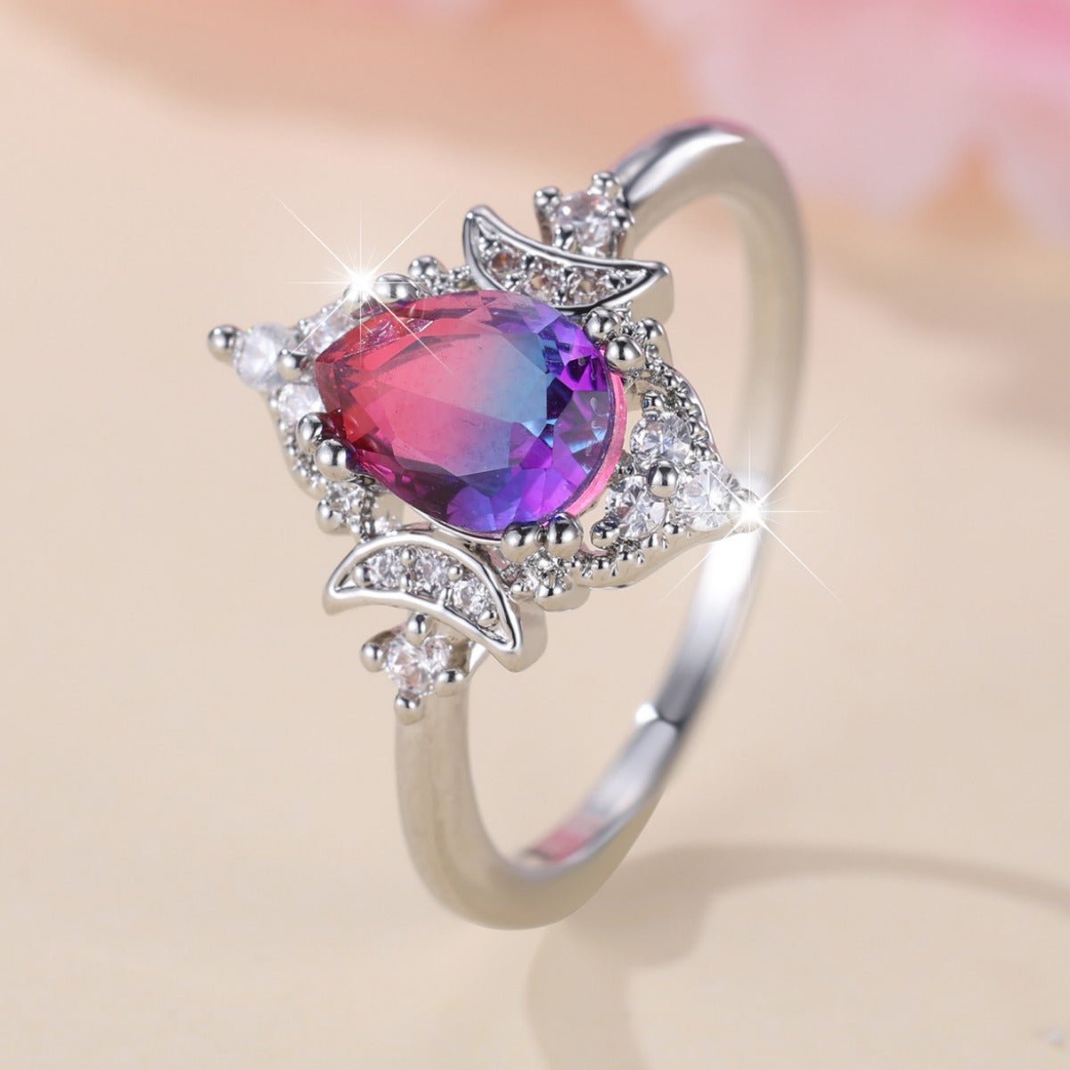 New Gradient White K Rose Blue Water Drop Tourmaline Crown Ring Personality Fashion - Vintgedrifter