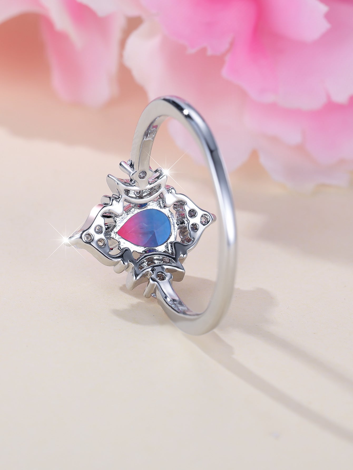 New Gradient White K Rose Blue Water Drop Tourmaline Crown Ring Personality Fashion - Vintgedrifter