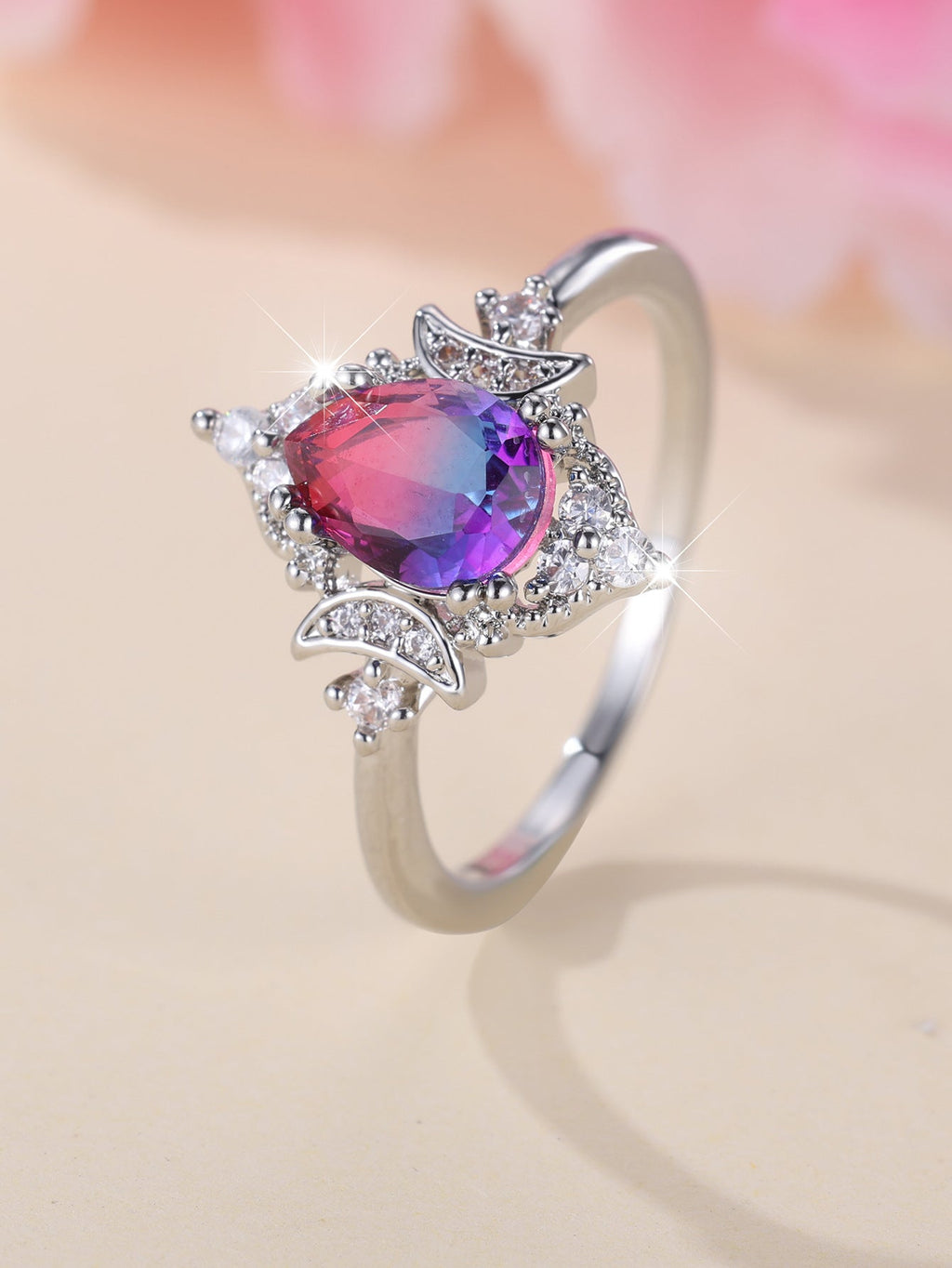 New Gradient White K Rose Blue Water Drop Tourmaline Crown Ring Personality Fashion - Vintgedrifter