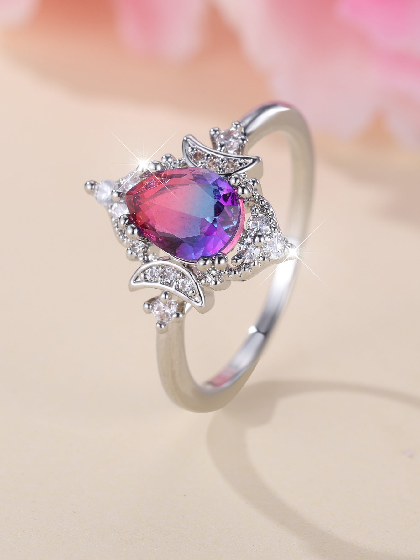 New Gradient White K Rose Blue Water Drop Tourmaline Crown Ring Personality Fashion - Vintgedrifter