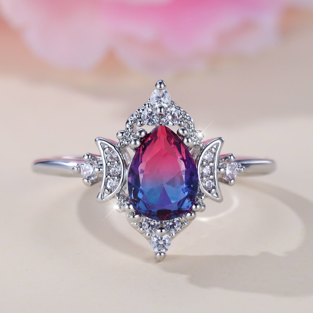New Gradient White K Rose Blue Water Drop Tourmaline Crown Ring Personality Fashion - Vintgedrifter