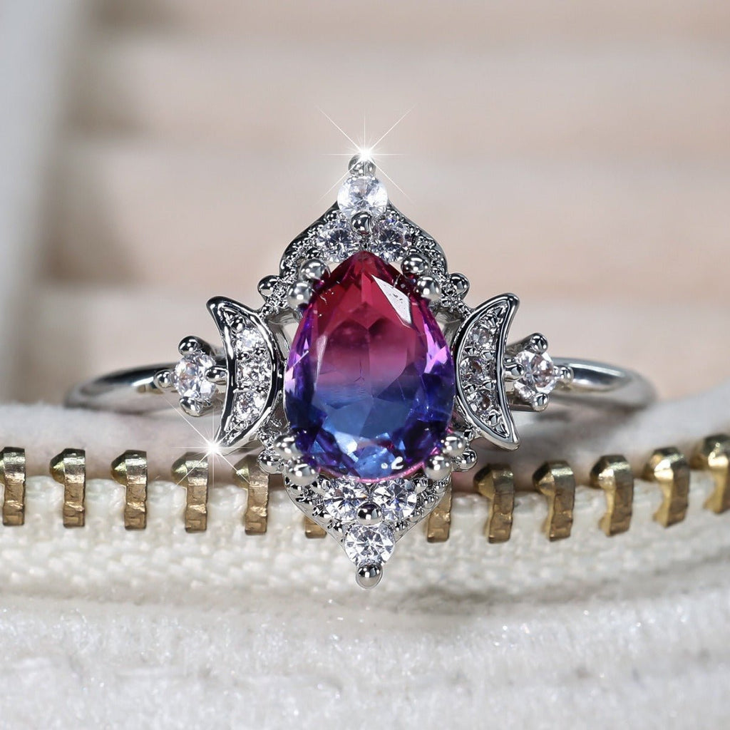 New Gradient White K Rose Blue Water Drop Tourmaline Crown Ring Personality Fashion - Vintgedrifter