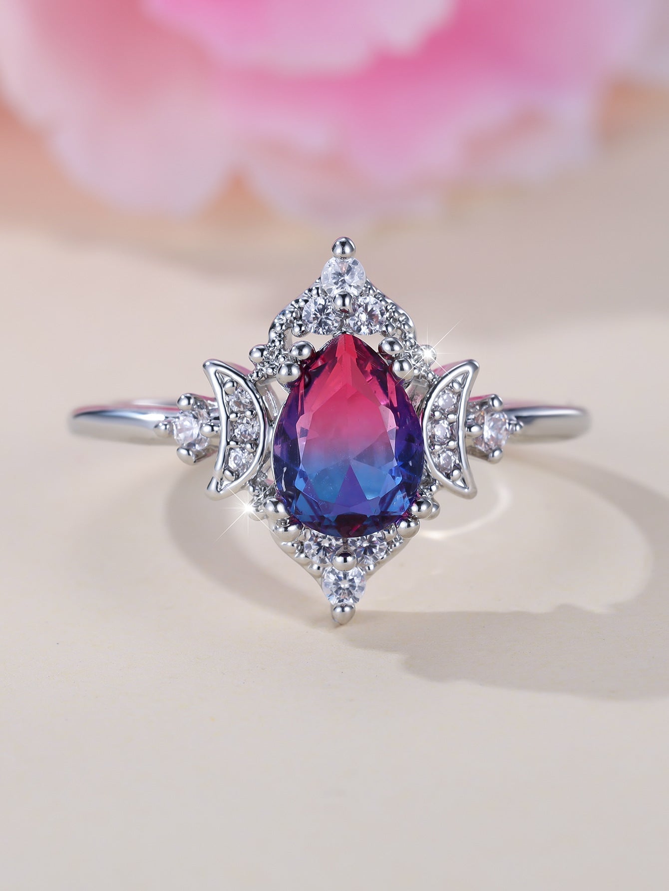 New Gradient White K Rose Blue Water Drop Tourmaline Crown Ring Personality Fashion - Vintgedrifter