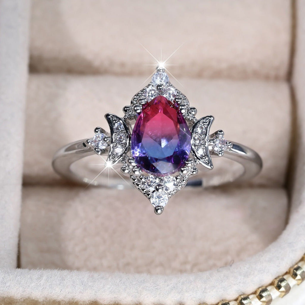 New Gradient White K Rose Blue Water Drop Tourmaline Crown Ring Personality Fashion - Vintgedrifter