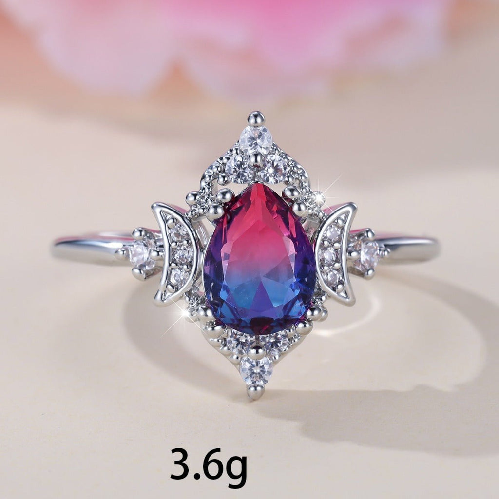 New Gradient White K Rose Blue Water Drop Tourmaline Crown Ring Personality Fashion - Vintgedrifter