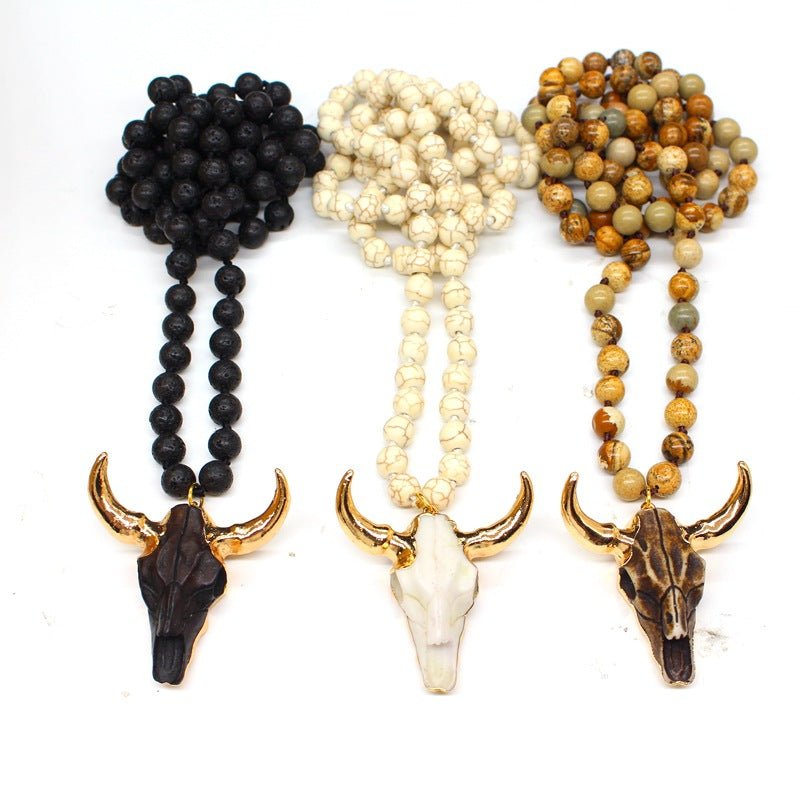 Picture Stone & Lava Bead Pendant Necklace – Plated Alloy Natural Stone Jewelry - Vintgedrifter