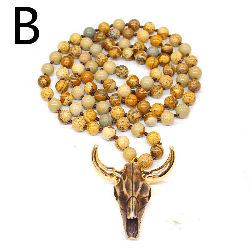 Picture Stone & Lava Bead Pendant Necklace – Plated Alloy Natural Stone Jewelry - Vintgedrifter
